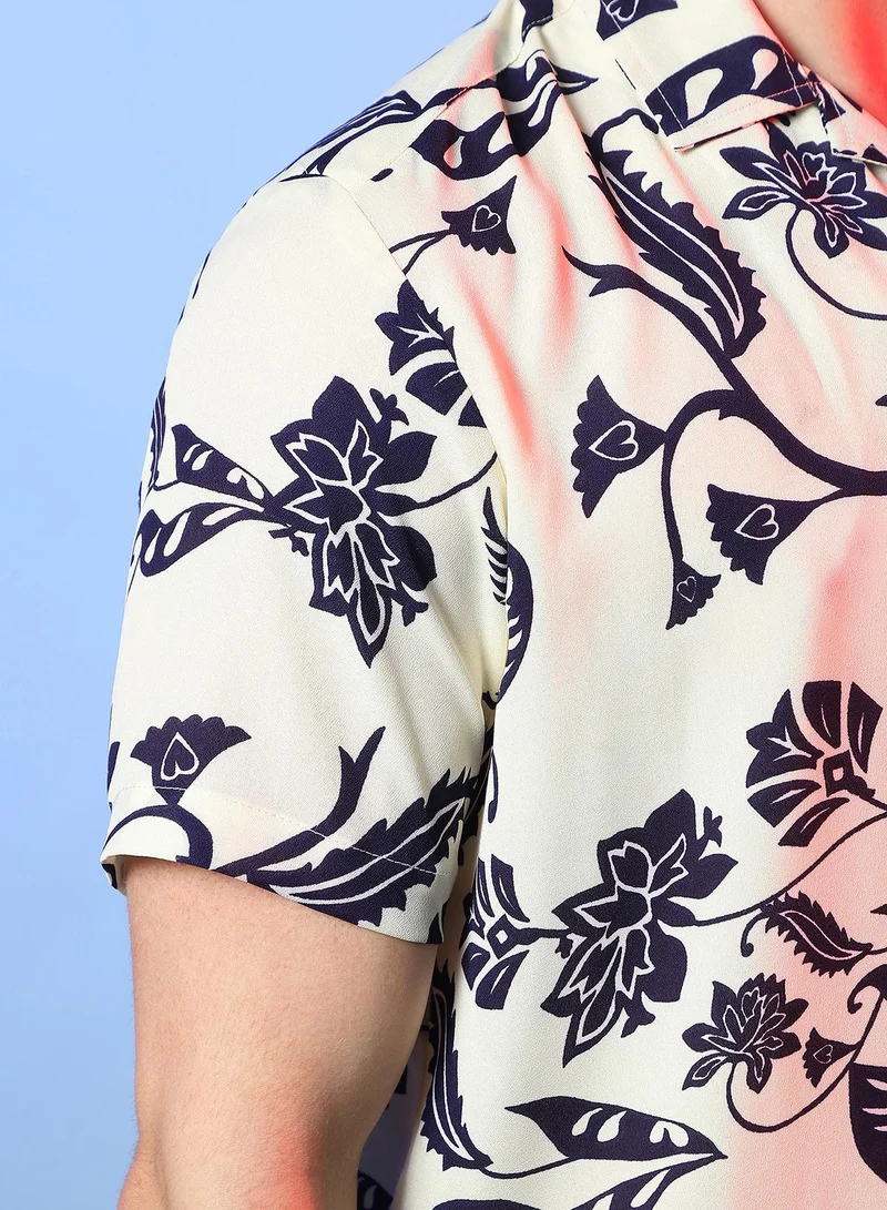 Campus Sutra Men's Midnight Black & Ivory White Contrast Flower Shirt