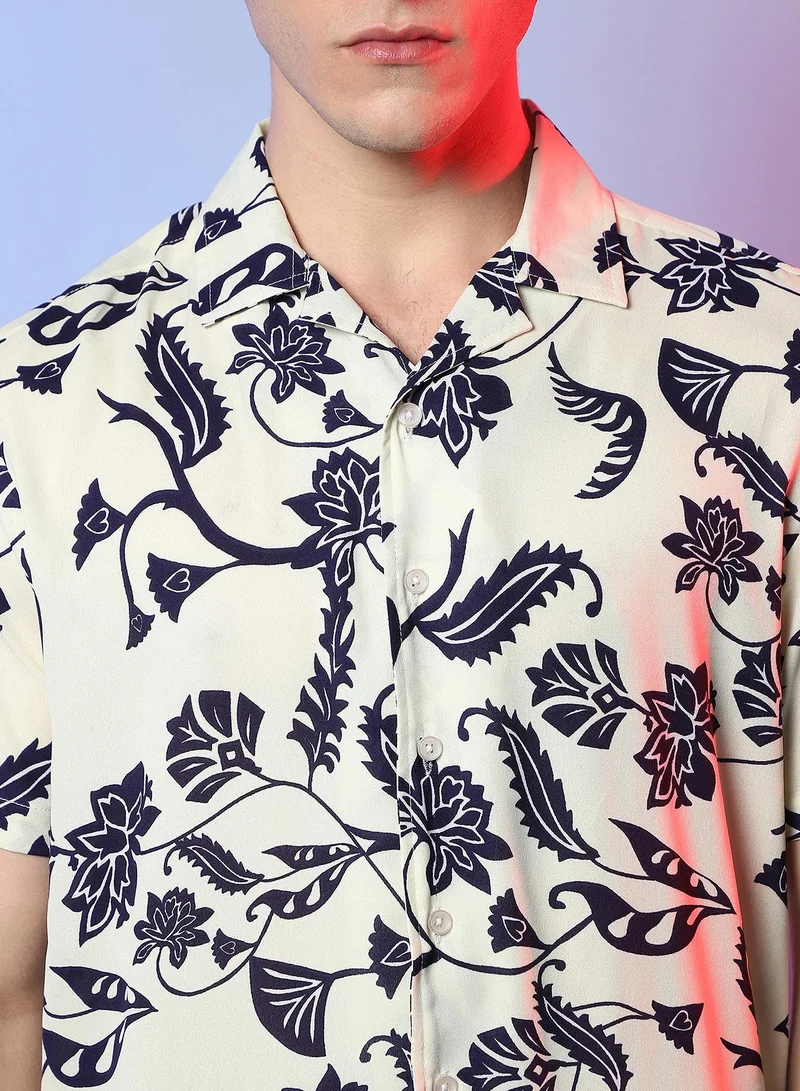Campus Sutra Men's Midnight Black & Ivory White Contrast Flower Shirt