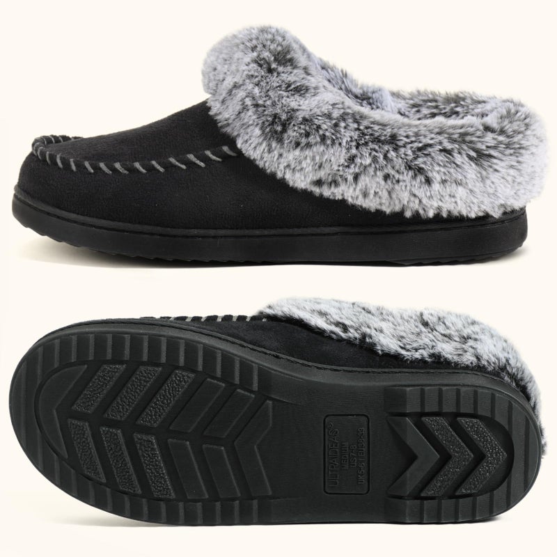ULTRAIDEAS Women's Memory Foam House Slippers with Hard Bottom, Fur Lined House Shoes with Non-Slip Rubber Sole for Indoor & Outdoor (Black, 9-10) - Image 3