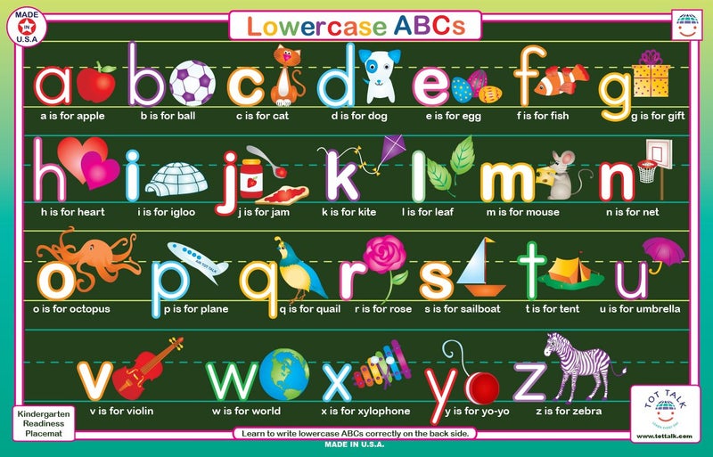 Tot Talk Lowercase ABCs Educational Placemat for Kids â€“ Made in USA â€“ Durable, Double-Sided, Placemat with Phonics & Writing Practice â€“ Waterproof, Wipeable, 17.5â€ x 11.5â€ - Image 1