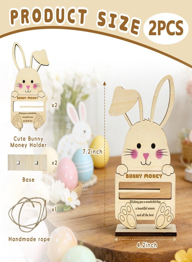 RTHPY 2 PCS Easter Bunny Money Holder for Cash Gift,Wooden Rabbit Decorations Gift Card Holder, Cute Easter Basket Stuffers for Kids Toddlers Teens Boys Girls Grandchildren - Image 2
