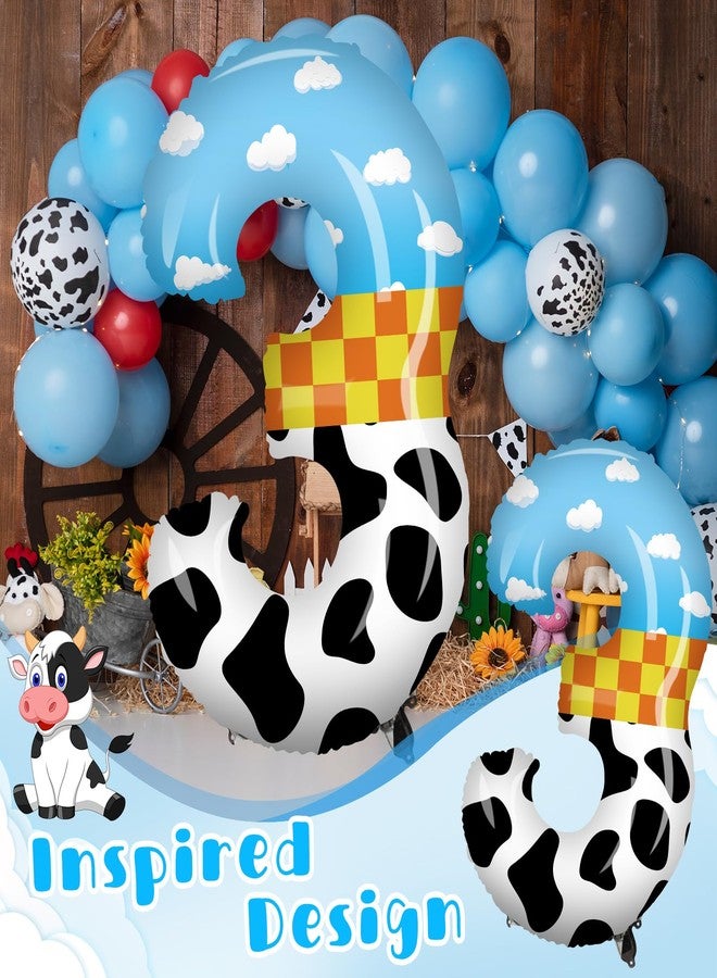 Hollowfly 40 Inch Toy Inspired Number 3 Balloon Large Blue Sky and White Cloud Cow Cartoon Balloons Cute Cow Print Decor Western for Birthday Celebration Party Ideal Decoration - Image 4