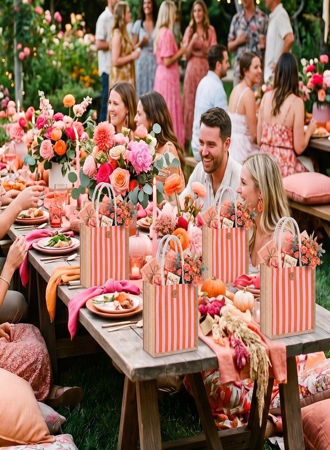 Abbylike 6 Pcs Gingham Gift Bag Small Burlap Checked Goodie Tote for Women Summer Wedding Beach Bear Baby Shower Party Decor (Sunset Stripe,Pink and Orange - Image 5