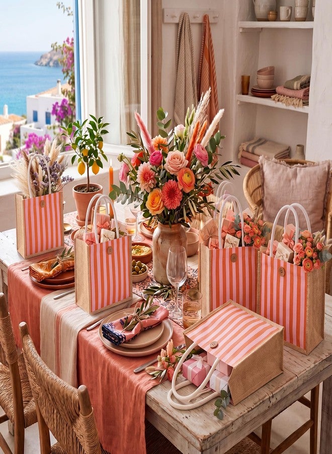 Abbylike 6 Pcs Gingham Gift Bag Small Burlap Checked Goodie Tote for Women Summer Wedding Beach Bear Baby Shower Party Decor (Sunset Stripe,Pink and Orange - Image 4