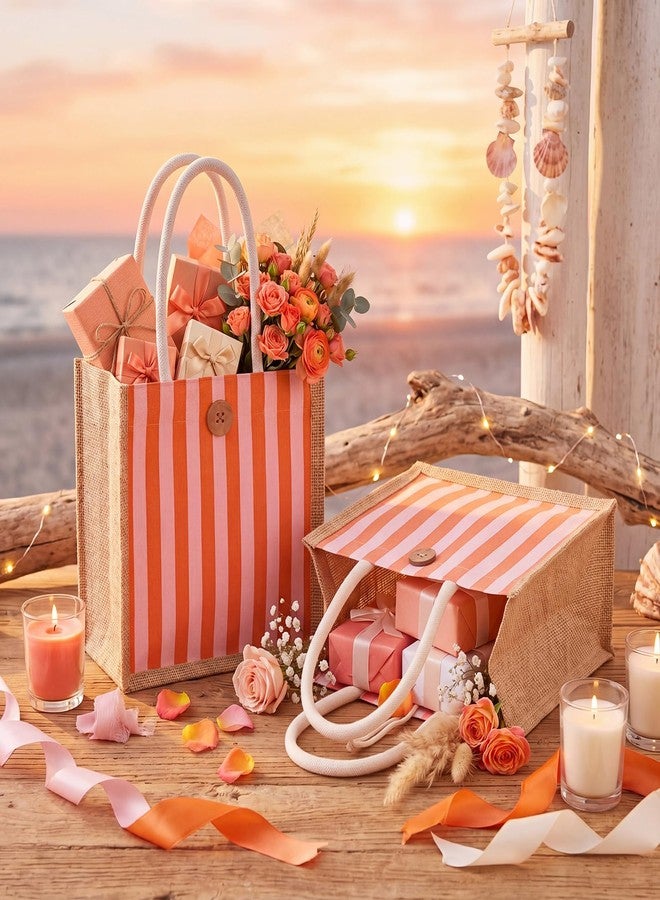 Abbylike 6 Pcs Gingham Gift Bag Small Burlap Checked Goodie Tote for Women Summer Wedding Beach Bear Baby Shower Party Decor (Sunset Stripe,Pink and Orange - Image 3