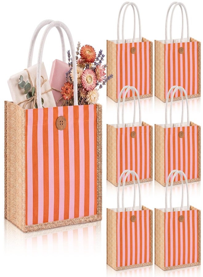 Abbylike 6 Pcs Gingham Gift Bag Small Burlap Checked Goodie Tote for Women Summer Wedding Beach Bear Baby Shower Party Decor (Sunset Stripe,Pink and Orange - Image 1