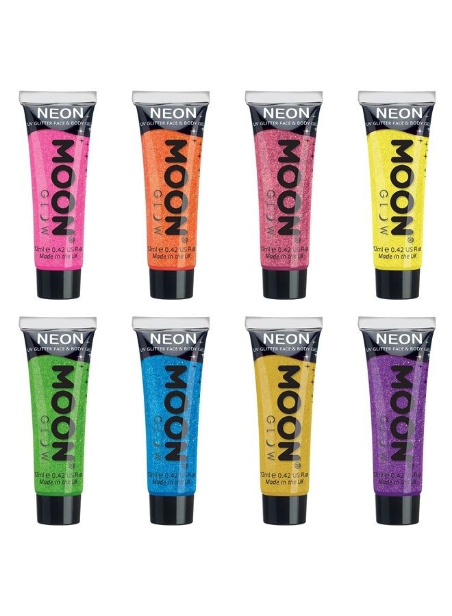 Moon Glow Blacklight UV Glitter Face & Body Gel - 12ml Set of 8 - Blacklight Face Paint - glows brightly under Blacklight - Image 1