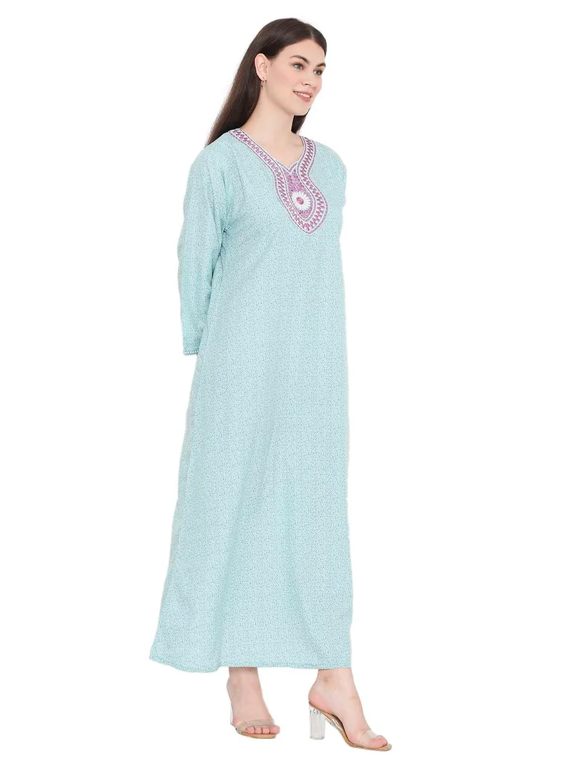 HANA & SARA SIMPLE PRINTED WITH THREAD EMBROIDERY LONG VISCOSE ARABIC KAFTAN JALABIYA DRESS
