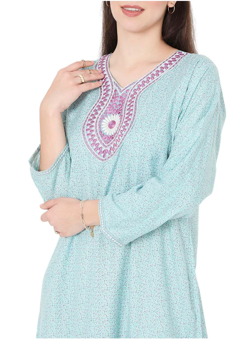 HANA & SARA SIMPLE PRINTED WITH THREAD EMBROIDERY LONG VISCOSE ARABIC KAFTAN JALABIYA DRESS