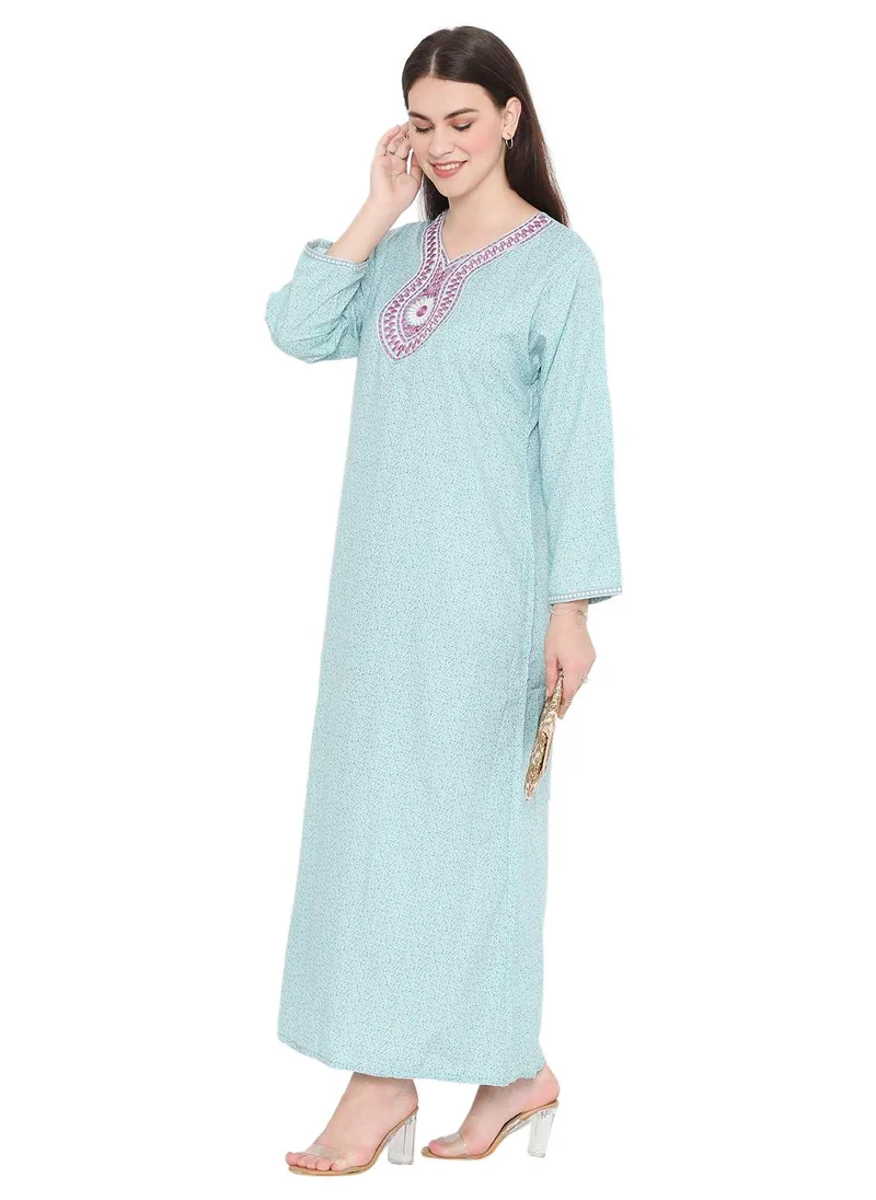 HANA & SARA SIMPLE PRINTED WITH THREAD EMBROIDERY LONG VISCOSE ARABIC KAFTAN JALABIYA DRESS
