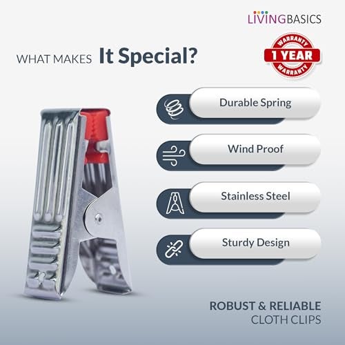 LivingBasics Premium Cloth Clips for Drying Clothes - Multipurpose Clothes Pins for Indoor & Outdoor Use - Strong & Durable Steel Clips for Clothes Drying, Stainless Steel Hanging Clips (18 Pins+1Box) - Image 3