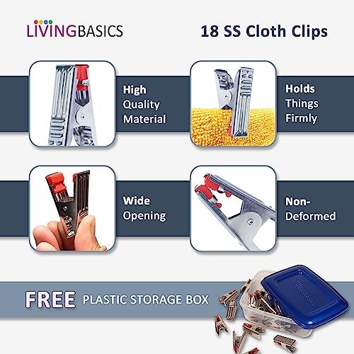 LivingBasics Premium Cloth Clips for Drying Clothes - Multipurpose Clothes Pins for Indoor & Outdoor Use - Strong & Durable Steel Clips for Clothes Drying, Stainless Steel Hanging Clips (18 Pins+1Box) - Image 4