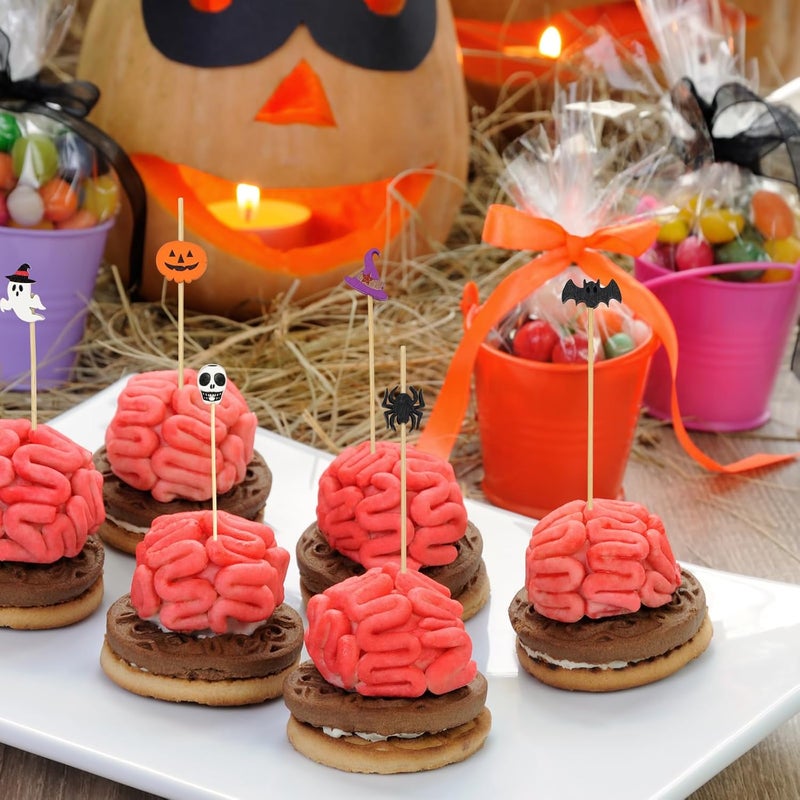 KFJBPB 100PCS Halloween Cocktail Picks 4.7 Inch, Pumpkin Spider Hat Ghost Letters Decorative Toothpicks Bamboo Appetizer Toothpicks Food Picks for Halloween Party Food Fruit Decoration (halloween) - Image 5