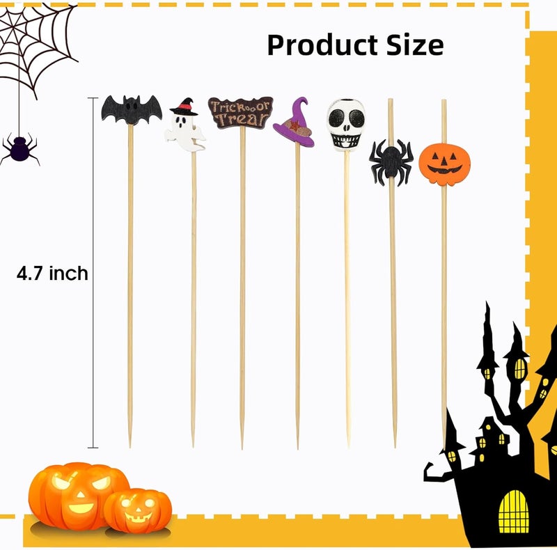 KFJBPB 100PCS Halloween Cocktail Picks 4.7 Inch, Pumpkin Spider Hat Ghost Letters Decorative Toothpicks Bamboo Appetizer Toothpicks Food Picks for Halloween Party Food Fruit Decoration (halloween) - Image 2