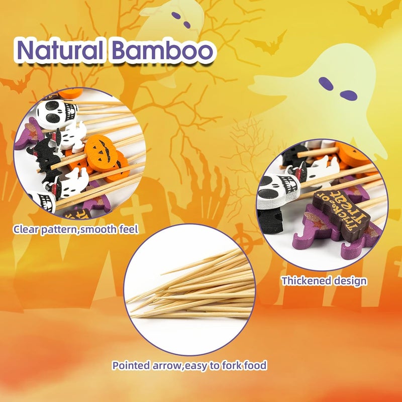 KFJBPB 100PCS Halloween Cocktail Picks 4.7 Inch, Pumpkin Spider Hat Ghost Letters Decorative Toothpicks Bamboo Appetizer Toothpicks Food Picks for Halloween Party Food Fruit Decoration (halloween) - Image 3