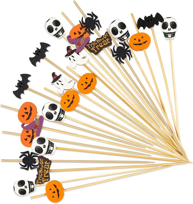 KFJBPB 100PCS Halloween Cocktail Picks 4.7 Inch, Pumpkin Spider Hat Ghost Letters Decorative Toothpicks Bamboo Appetizer Toothpicks Food Picks for Halloween Party Food Fruit Decoration (halloween) - Image 1