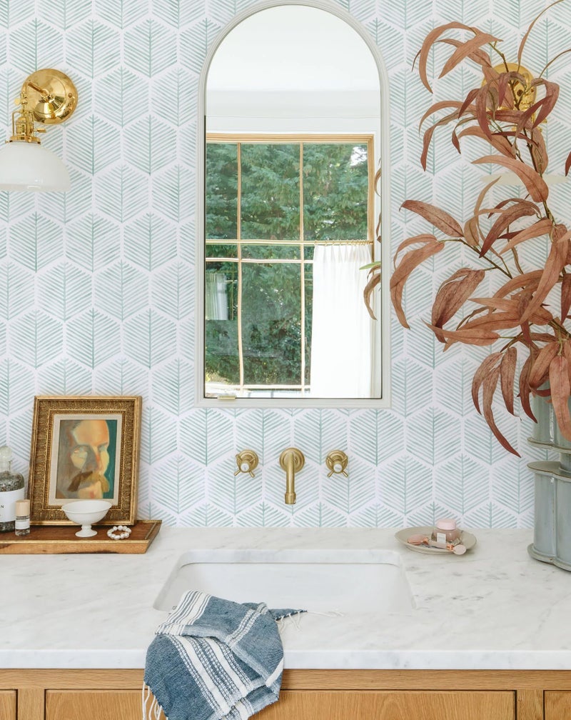 MelunMer Modern Peel and Stick Wallpaper Boho Contact Paper for Cabinets and Drawers Self Adhesive Wallpaper Removable Wallpaper for Bedroom Geometric Wallpaper for Bathroom Green/White 17.3''×78.8'' - Image 2