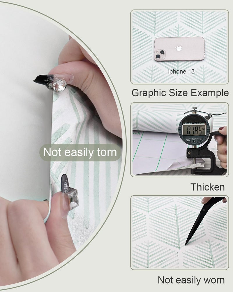 MelunMer Modern Peel and Stick Wallpaper Boho Contact Paper for Cabinets and Drawers Self Adhesive Wallpaper Removable Wallpaper for Bedroom Geometric Wallpaper for Bathroom Green/White 17.3''×78.8'' - Image 4