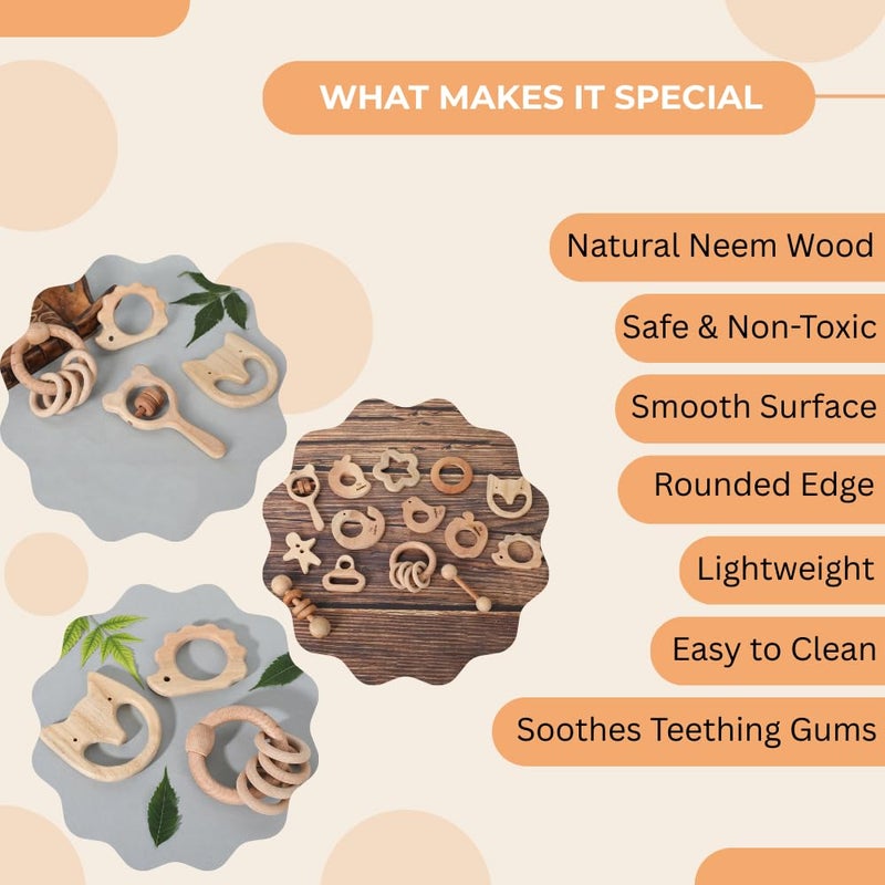 Babbles Neem Wood Teethers for Babies | Wooden Teethers for 6 to 12 Months Baby | Natural and Antibacteria (Cat+Hedgehog+Micky Head+Ring) - Image 2