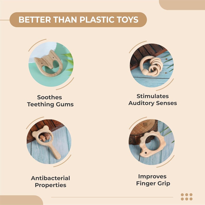 Babbles Neem Wood Teethers for Babies | Wooden Teethers for 6 to 12 Months Baby | Natural and Antibacteria (Cat+Hedgehog+Micky Head+Ring) - Image 3