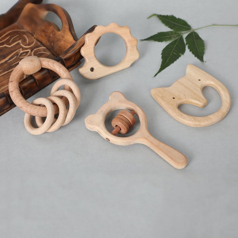 Babbles Neem Wood Teethers for Babies | Wooden Teethers for 6 to 12 Months Baby | Natural and Antibacteria (Cat+Hedgehog+Micky Head+Ring) - Image 1
