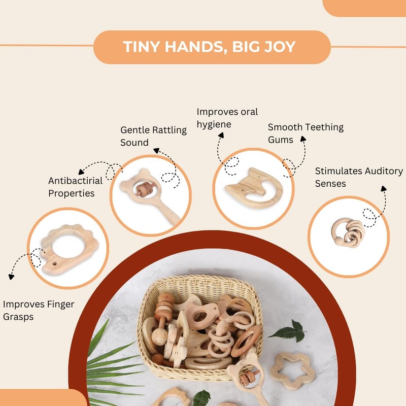 Babbles Neem Wood Teethers for Babies | Wooden Teethers for 6 to 12 Months Baby | Natural and Antibacteria (Cat+Hedgehog+Micky Head+Ring) - Image 5