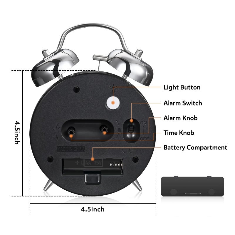Cadmos Loud Alarm Clock for Heavy Sleepers Adults,Retro 4 Inch Silent Non-Ticking Quartz with Backlight,Twin Bell Analog Kids Alarm Clocks for Bedrooms Bedside (Black) - Image 4
