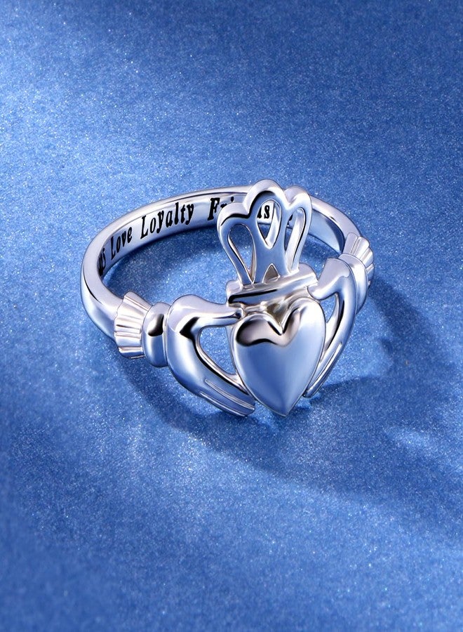 Flyow S925 Sterling Silver Love Loyalty Friendship Irish Ladies' Claddagh Ring Size 8 - Image 2