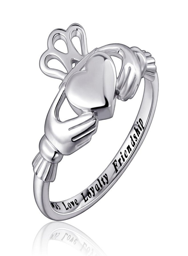 Flyow S925 Sterling Silver Love Loyalty Friendship Irish Ladies' Claddagh Ring Size 8 - Image 1