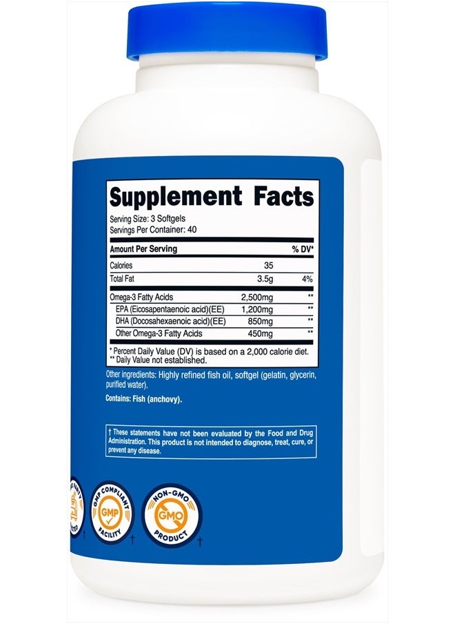 Nutricost - Omega 3 Fish Oil - 2500MG, 120 Softgels (40 Serv) - Fish Oil, Wild Caught! 1200mg EPA 850mg DHA - Non-GMO, Gluten Free - Image 1
