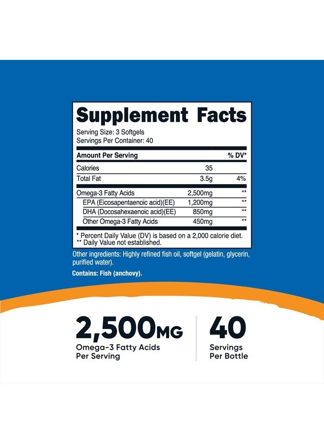 Nutricost - Omega 3 Fish Oil - 2500MG, 120 Softgels (40 Serv) - Fish Oil, Wild Caught! 1200mg EPA 850mg DHA - Non-GMO, Gluten Free - Image 1