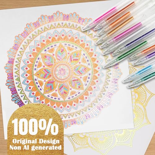 CKMOREL Mandala Adult Coloring Book for Women Relaxation, Gold Foil Mandala Coloring Book Set with 24 Colors Retractable Glitter Gel Pens, 12Pcs Premium Single-Sided Paper Mindfulness Gift Include Gift Bag - Image 3