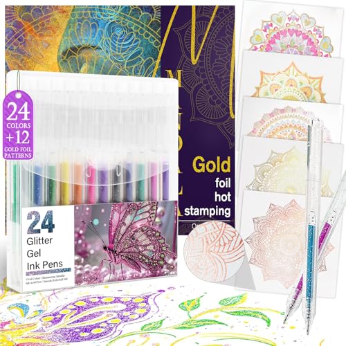 CKMOREL Mandala Adult Coloring Book for Women Relaxation, Gold Foil Mandala Coloring Book Set with 24 Colors Retractable Glitter Gel Pens, 12Pcs Premium Single-Sided Paper Mindfulness Gift Include Gift Bag - Image 1