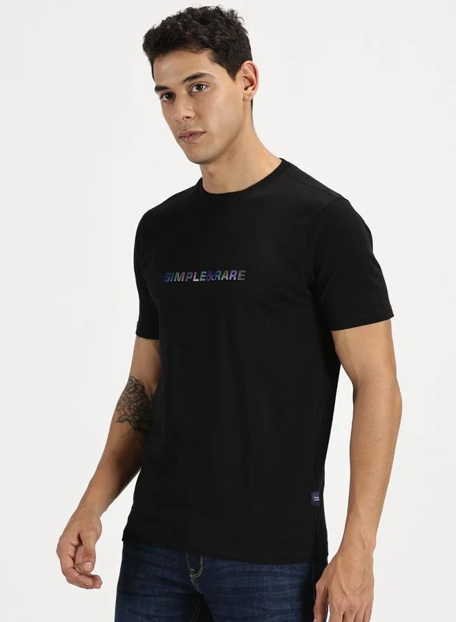Simple And Rare Simple And Rare Men Black Slogan Print Short Sleeve T-Shirt
