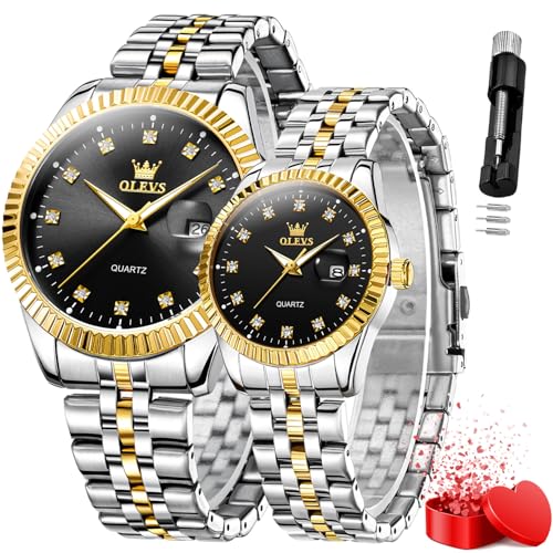 OLEVS His and Her Watches for Couples Set Gift Set Business Dress Luxury Black Couple Watch Men and Women Wristwatch Waterproof Matching Watch Couples Stainless Steel Romantic Date Watches - Image 1