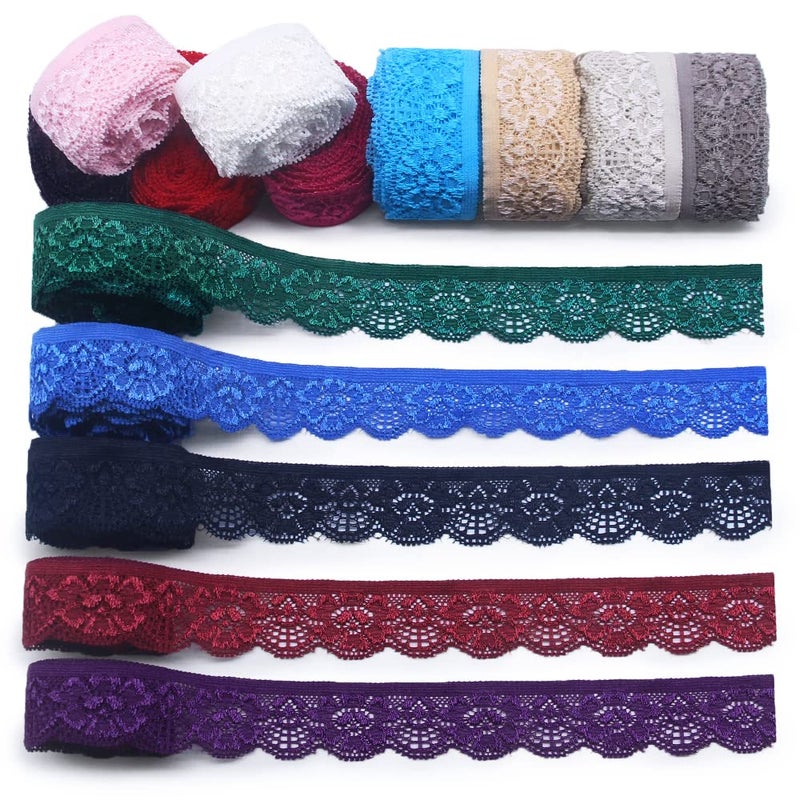 SEMINI 28 Yards 1" Wide Lace Elastic Trim 14 Colors Lace Ribbon Flower Edge Trimming for Sewing Craft Wedding Party Decor Clothes(NO064 Mixed Color) - Image 1