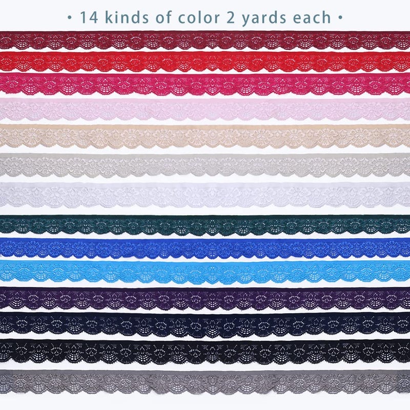SEMINI 28 Yards 1" Wide Lace Elastic Trim 14 Colors Lace Ribbon Flower Edge Trimming for Sewing Craft Wedding Party Decor Clothes(NO064 Mixed Color) - Image 4