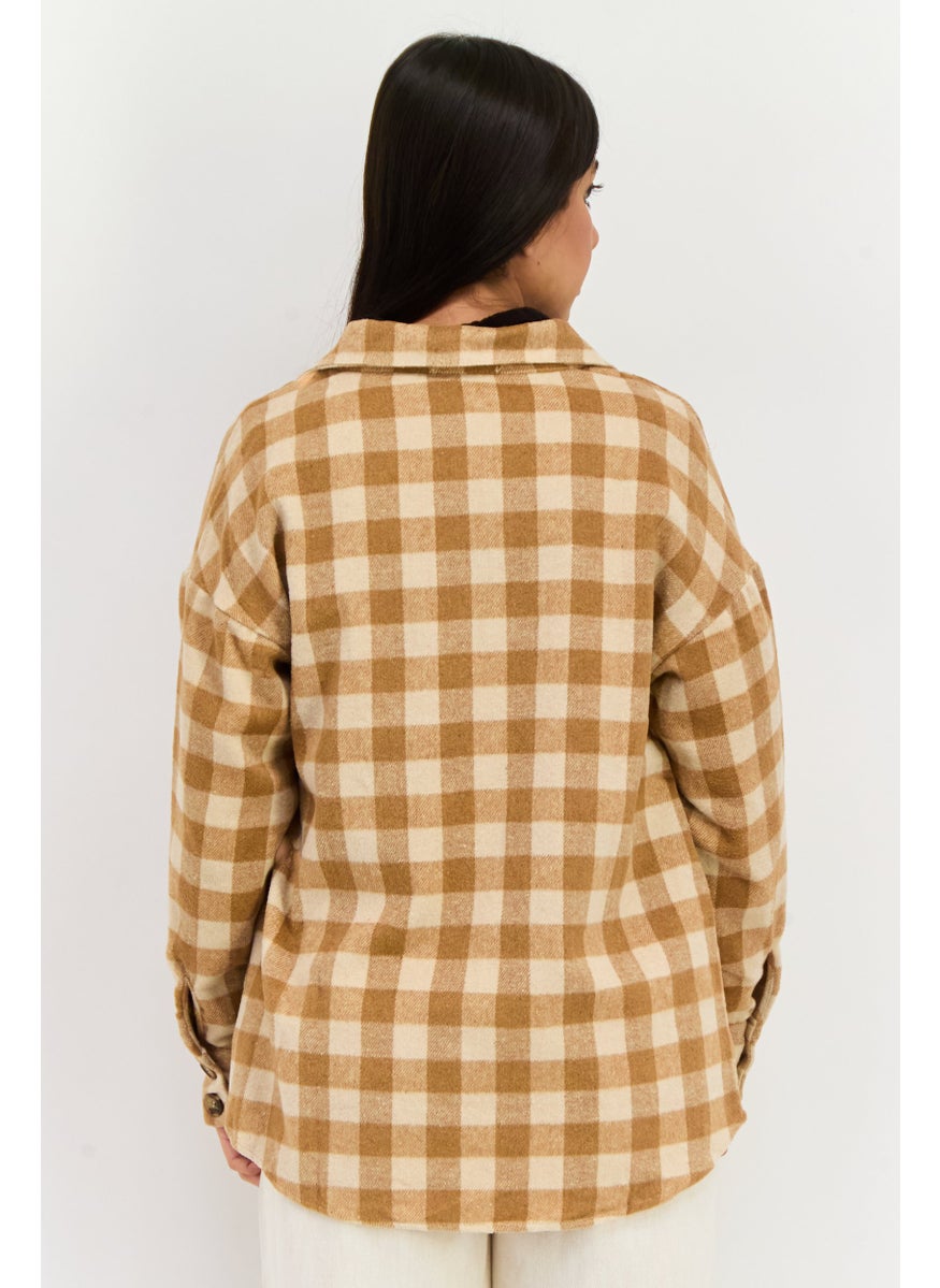 Sage The Label - Women Plaid Long Sleeve Jacket Shirt, Brown - Image 1