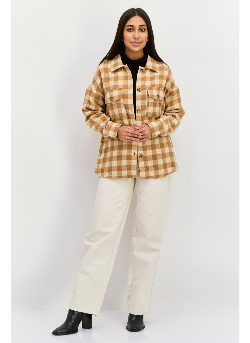 Sage The Label - Women Plaid Long Sleeve Jacket Shirt, Brown - Image 1