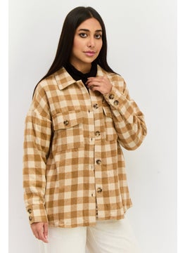 Women Plaid Long Sleeve Jacket Shirt, Brown