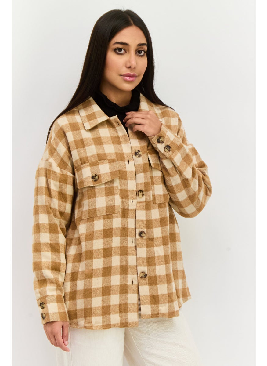 Sage The Label - Women Plaid Long Sleeve Jacket Shirt, Brown - Image 1