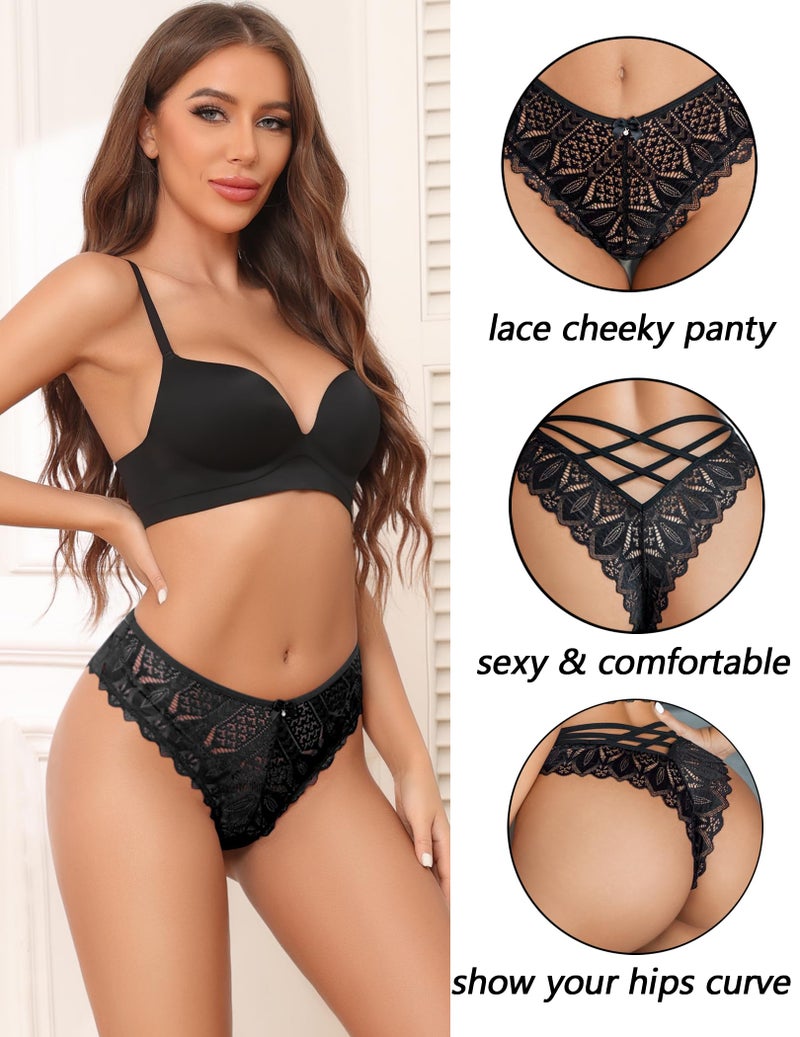 Avidlove Womens Underwear Lace Cheeky Panties Criss Cross Back Bikini Thongs Sexy Undies Black M - Image 5