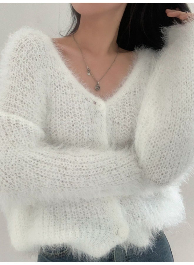 ليوان سترة صوفية نسائية بفرو المنك الصناعي، برقبة على شكل V وأكمام طويلة، فضفاضة ومحبوكة، لفصل الخريف والشتاء - Image 4