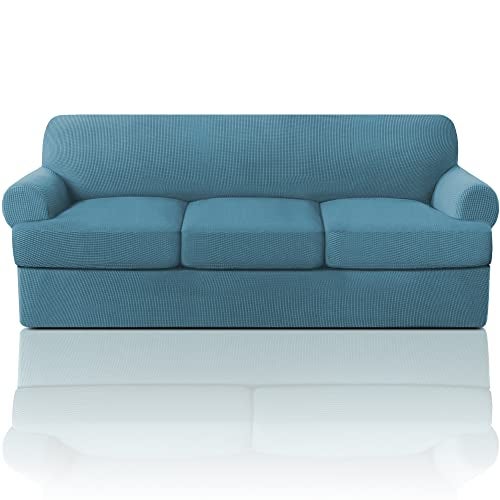 PrinceDeco PrinceDeco T Cushion Sofa Slipcover 4 Pieces Sofa Covers for Couch Soft Couch Cover Slip Covers with 3 Individual T Cushion Shape Seat Covers Width Up to 90 Inch Washable Storm Blue 
