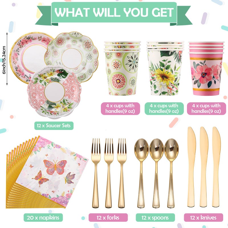 Layhit 83 Pcs Floral Tea Party Set for Girls Disposable Vintage Tableware with 3-Tier Cake Stand, 12 Serves Paper Cups and Saucers, Plates, Napkins, Cutlery for Birthday, Baby Shower - Image 3