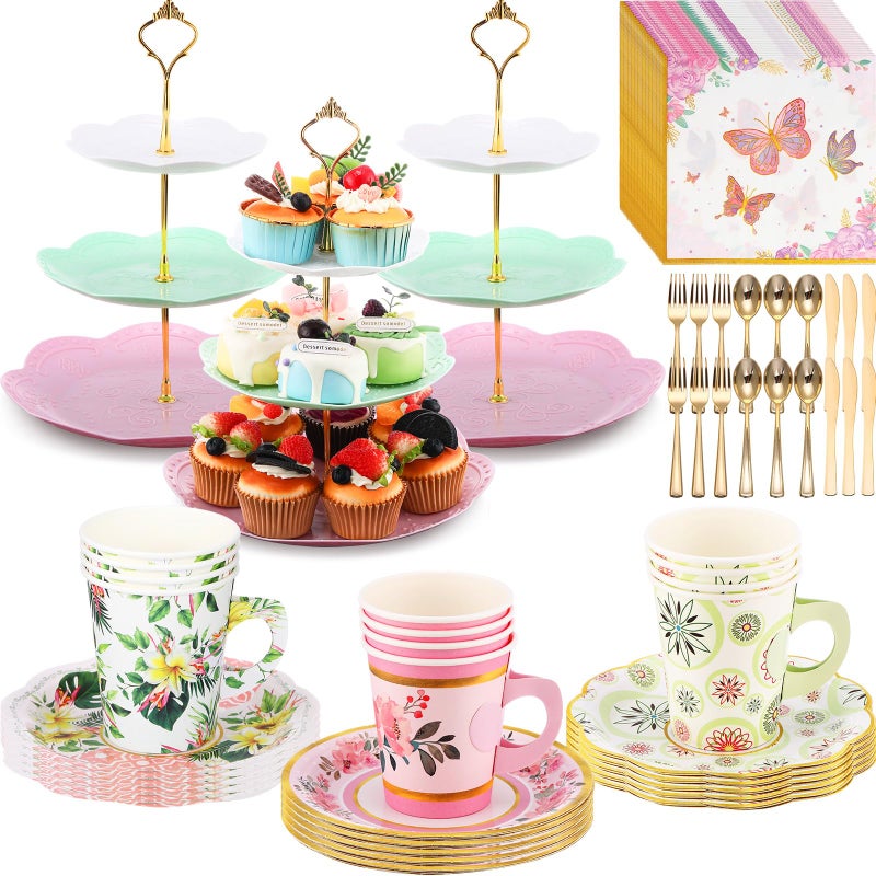 Layhit 83 Pcs Floral Tea Party Set for Girls Disposable Vintage Tableware with 3-Tier Cake Stand, 12 Serves Paper Cups and Saucers, Plates, Napkins, Cutlery for Birthday, Baby Shower - Image 1