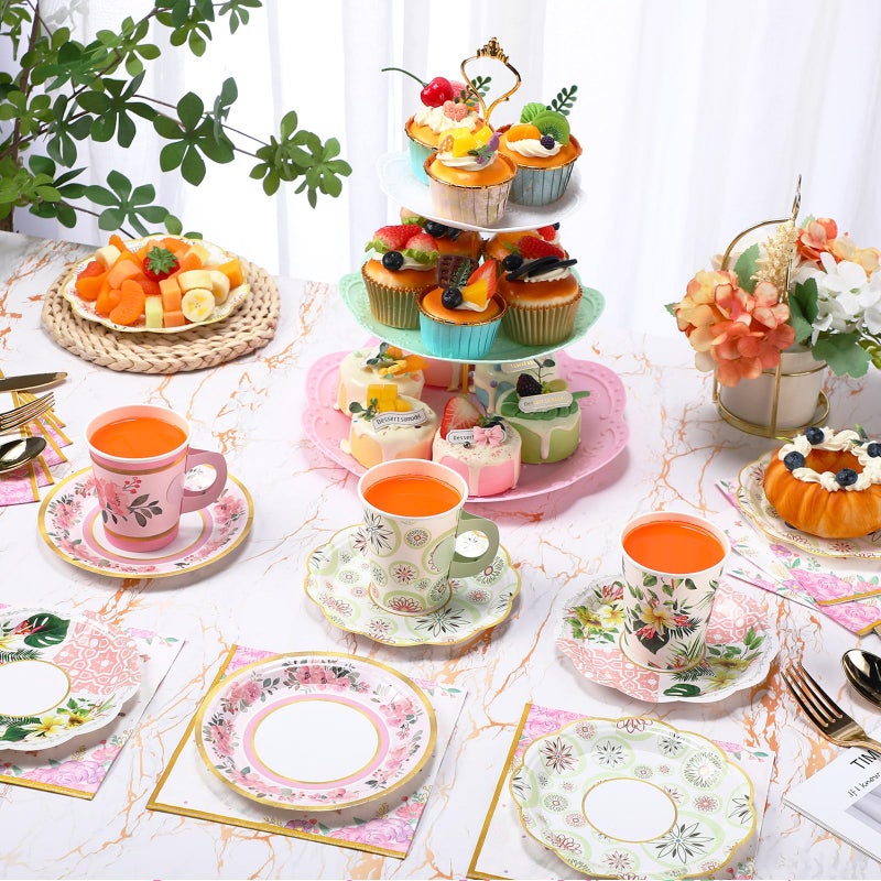 Layhit 83 Pcs Floral Tea Party Set for Girls Disposable Vintage Tableware with 3-Tier Cake Stand, 12 Serves Paper Cups and Saucers, Plates, Napkins, Cutlery for Birthday, Baby Shower - Image 4