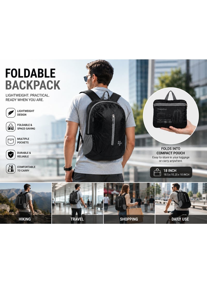 MAGELLAN Foldable Backpack 18 Inch – Lightweight Packable Travel Backpack with Multiple Pockets – Compact Foldable Daypack for Travel, Hiking & Daily Use – 18.5 x 10.25 x 10 Inch - Image 2