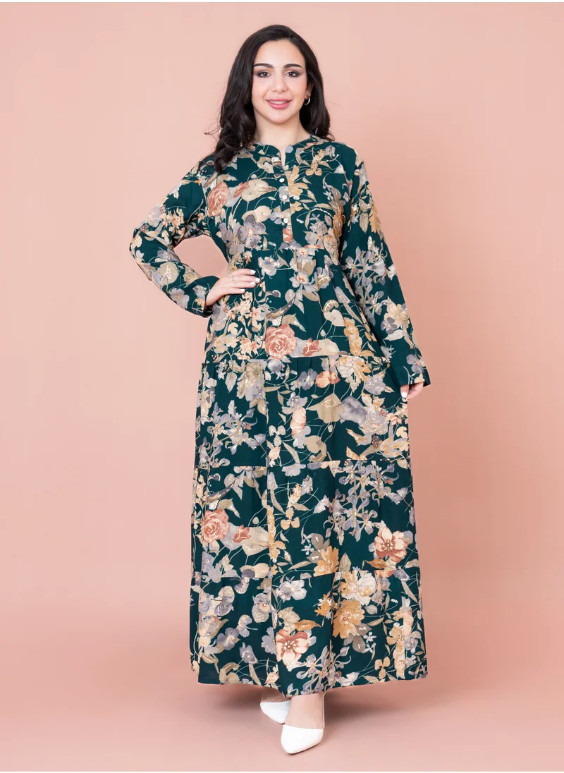 IKKXA Floral Flare Jalabiya IN1664 Green