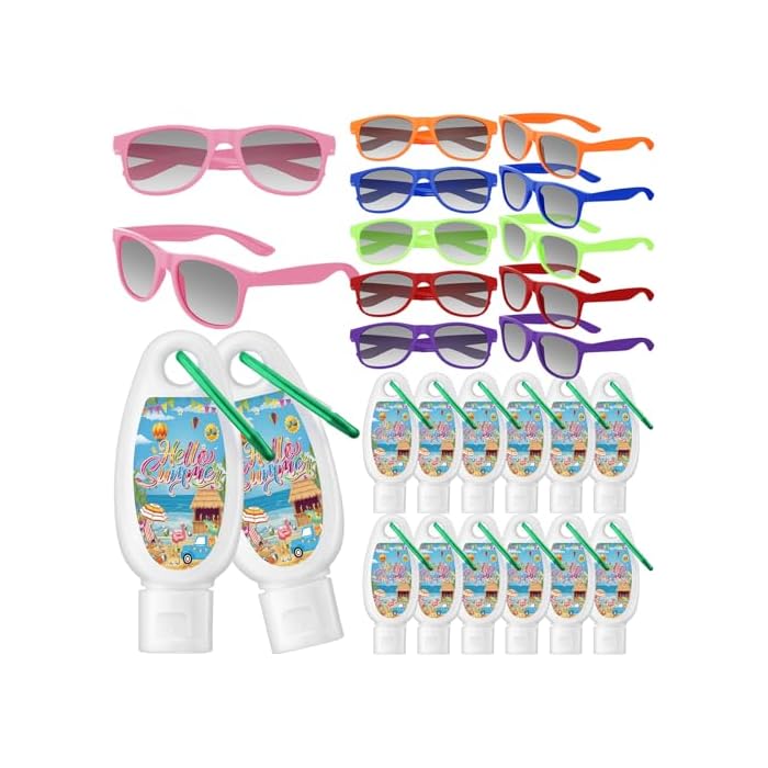 24 Pcs Summer Pool Party Supplies Mini Sunscreen and Glass Bulk Hello Summer Party Supply Water Resistant Spf 30 Sunscreen Lotion Palstic Glasses Hawaiin Gifts Bulk for Beach Parties Supplies